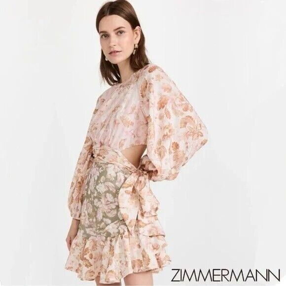 Zimmermann Lyre Wrap Billow Mini Dress Women’s Size 4 US 12 Light Pink Linen - Picture 1 of 16